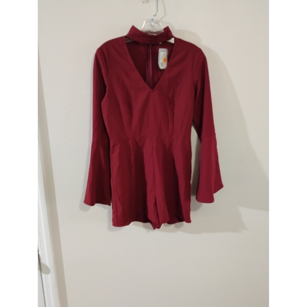 TCEC Burgundy Long Sleeve Romper Choker Neck Bell Sleeve CP8709 Wine Red S